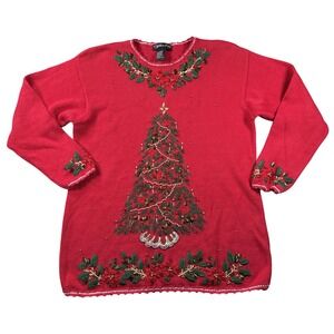 Work In Progress Christmas Sweater Womens XL‎ Christmas Tree Beaded Embroidered